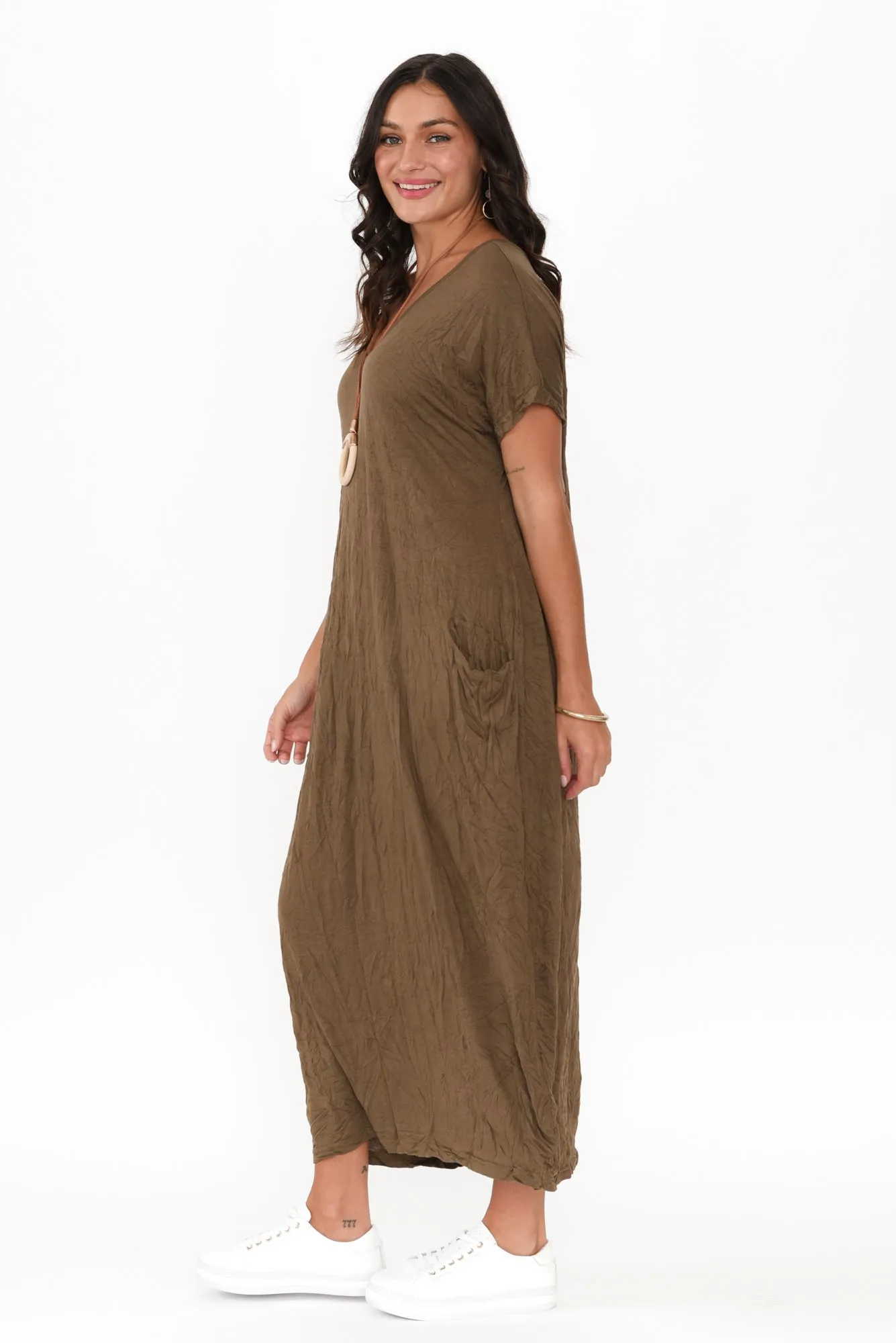 Travel Dark Khaki Crinkle Cotton Maxi Dress sold by Blue Bungalow product image thumbnail 3