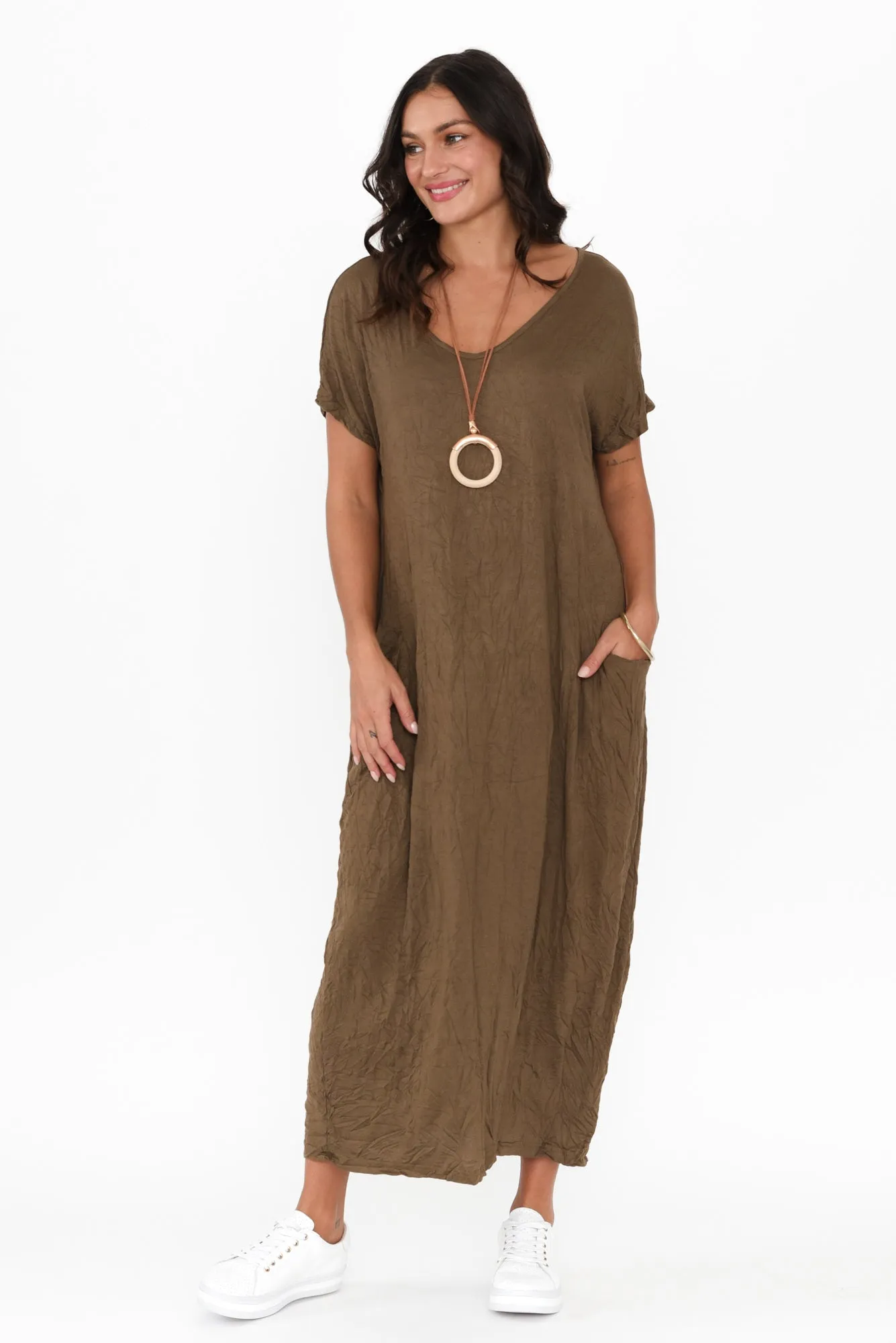 Travel Dark Khaki Crinkle Cotton Maxi Dress sold by Blue Bungalow product image thumbnail 2