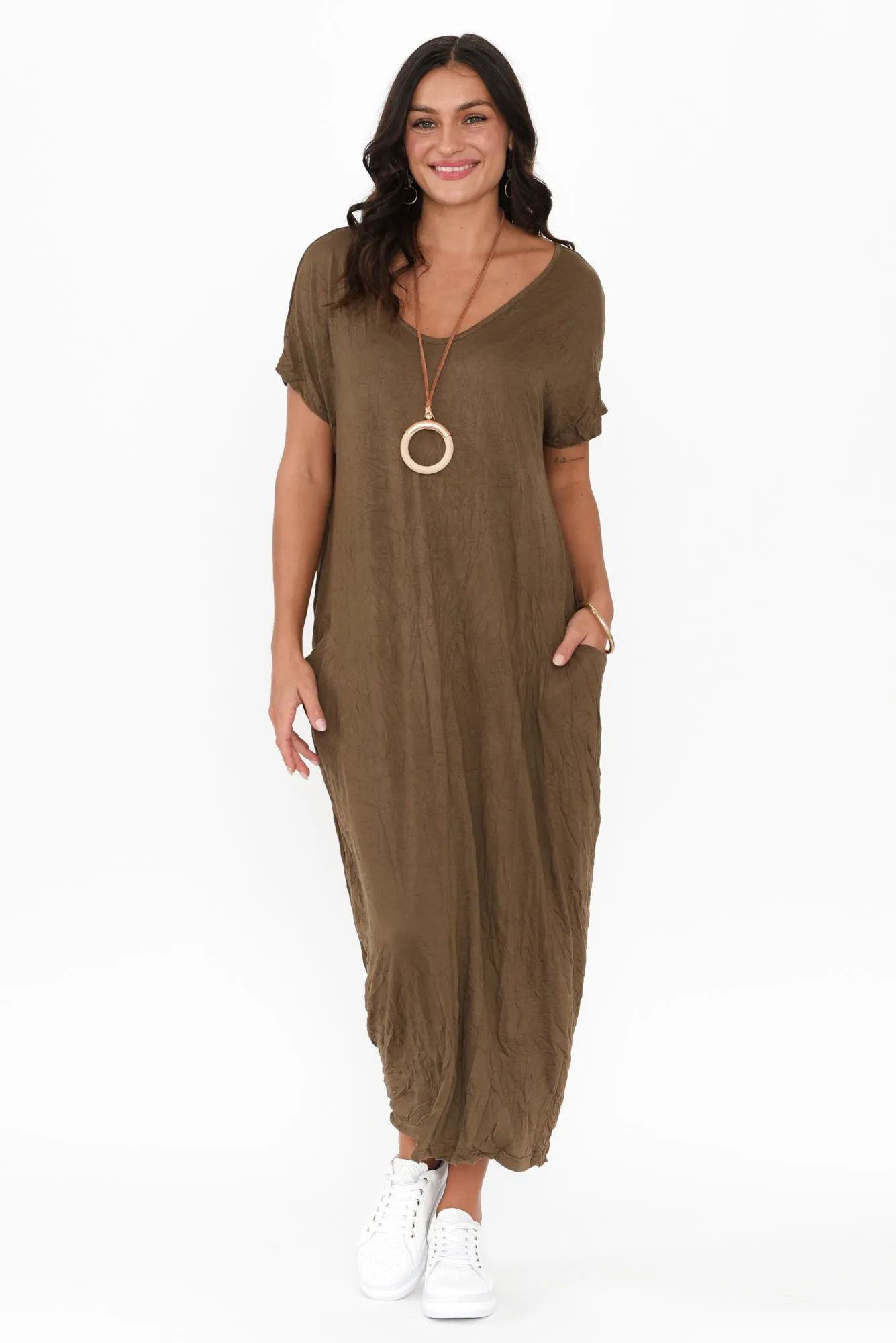 Travel Dark Khaki Crinkle Cotton Maxi Dress sold by Blue Bungalow