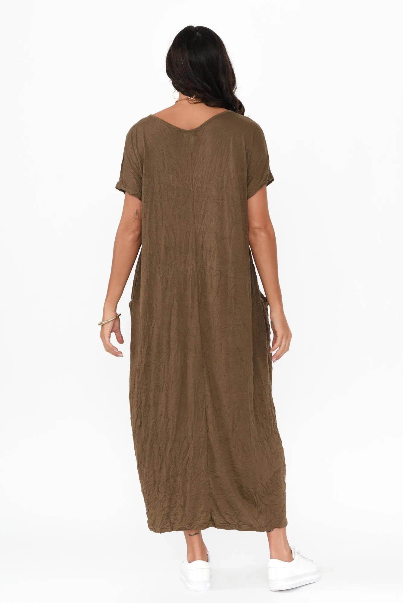 Travel Dark Khaki Crinkle Cotton Maxi Dress sold by Blue Bungalow product image thumbnail 4