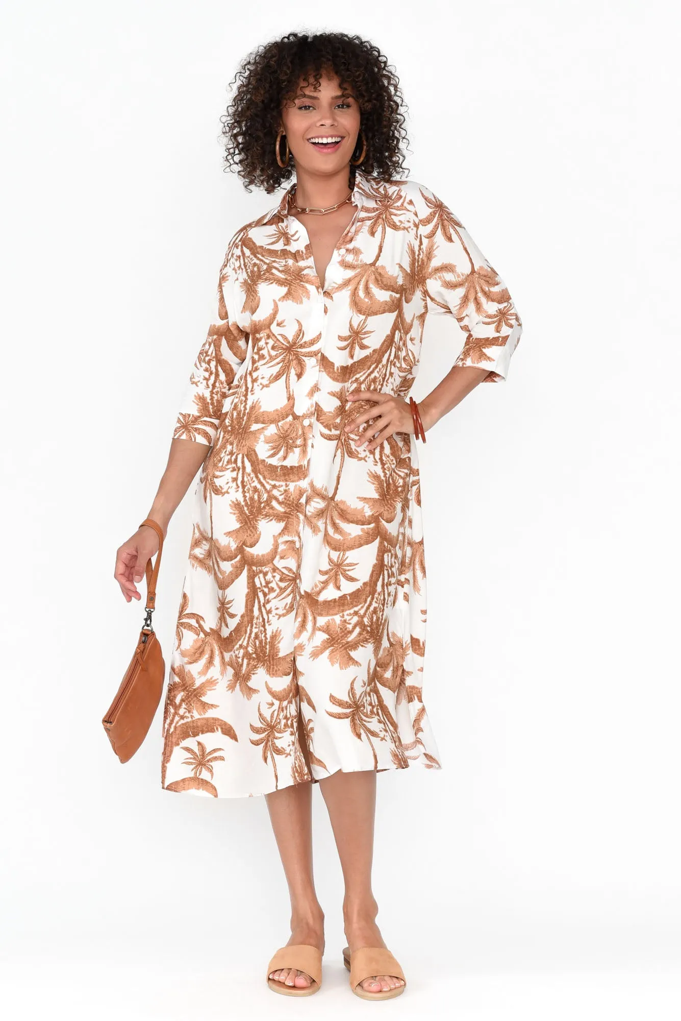 Seiko Tan Palm Shirt Dress sold by Blue Bungalow