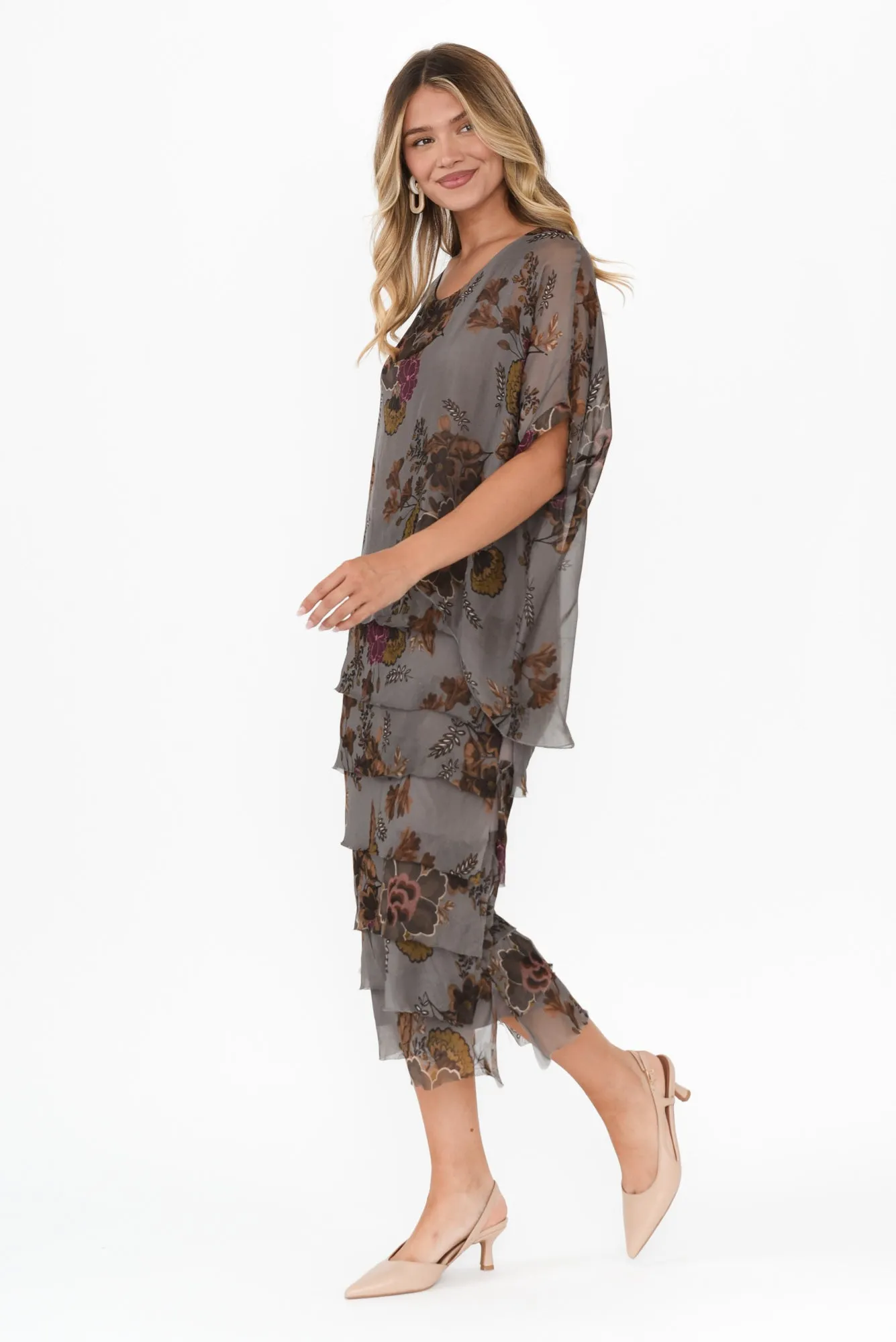 Katerina Taupe Floral Silk Overlay Maxi Dress sold by Blue Bungalow product image thumbnail 3