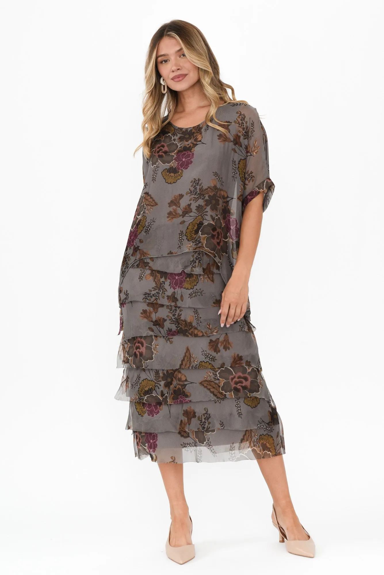 Katerina Taupe Floral Silk Overlay Maxi Dress sold by Blue Bungalow product image thumbnail 2
