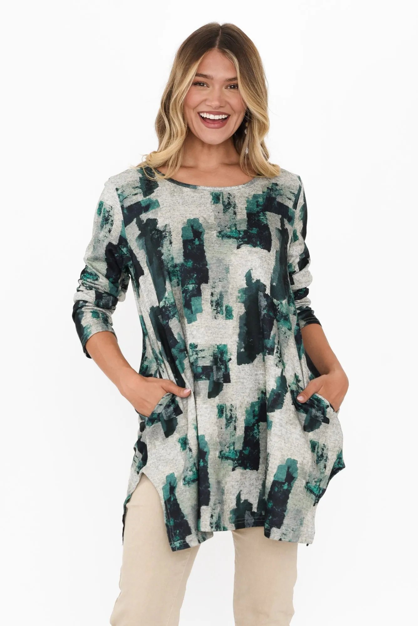 Dylan Khaki Watercolour Knit Tunic sold by Blue Bungalow