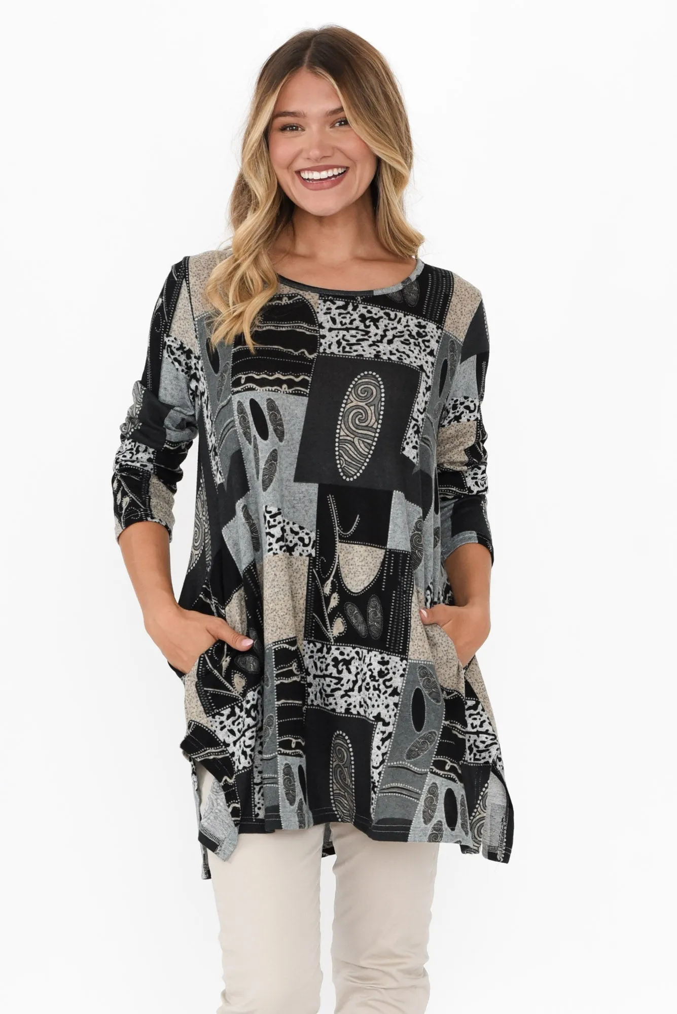 Dylan Grey Patchwork Knit Tunic sold by Blue Bungalow
