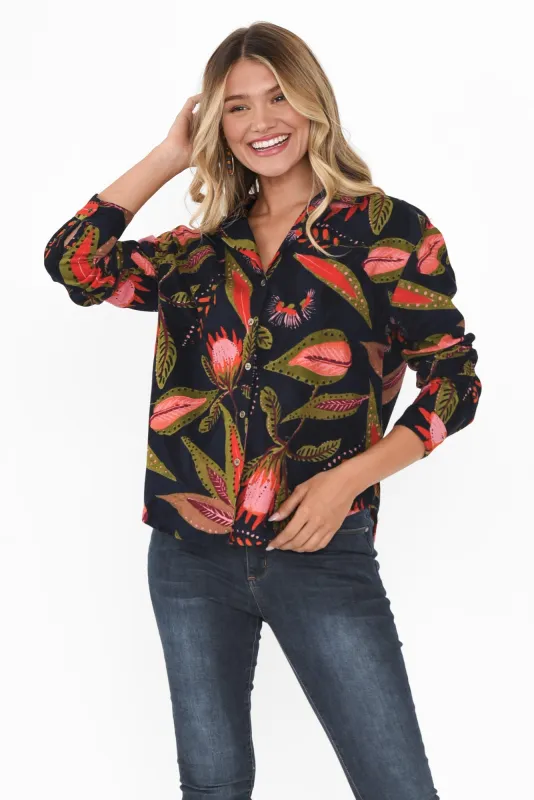 Milton Navy Floral Cotton Shirt sold by Blue Bungalow