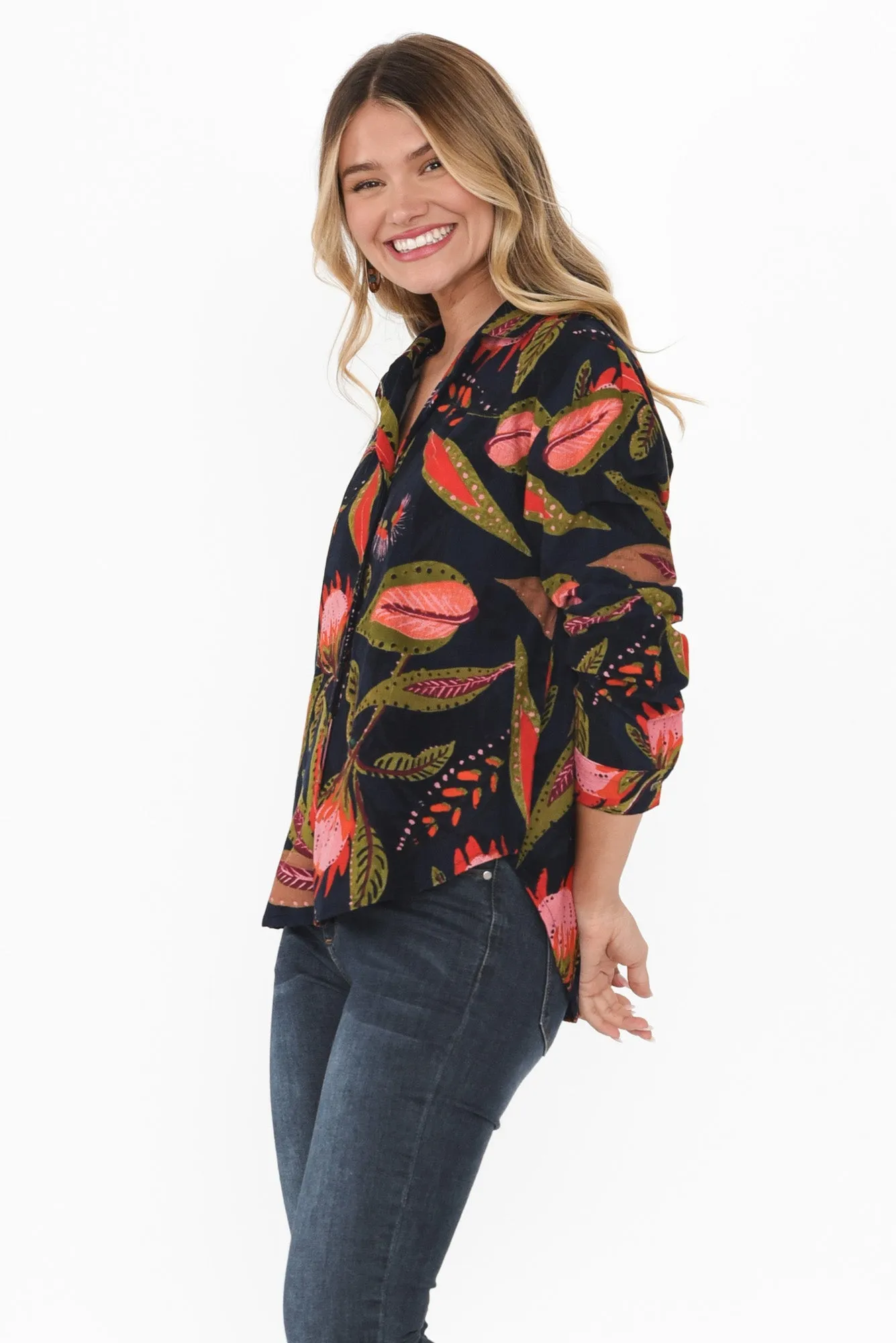 Milton Navy Floral Cotton Shirt sold by Blue Bungalow product image thumbnail 3