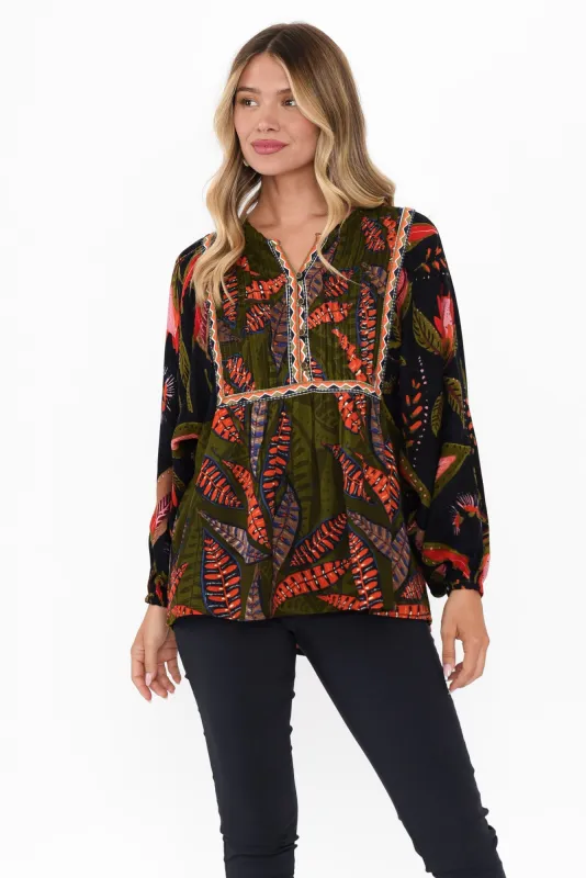 Potenza Green Leaf Puff Sleeve Blouse sold by Blue Bungalow