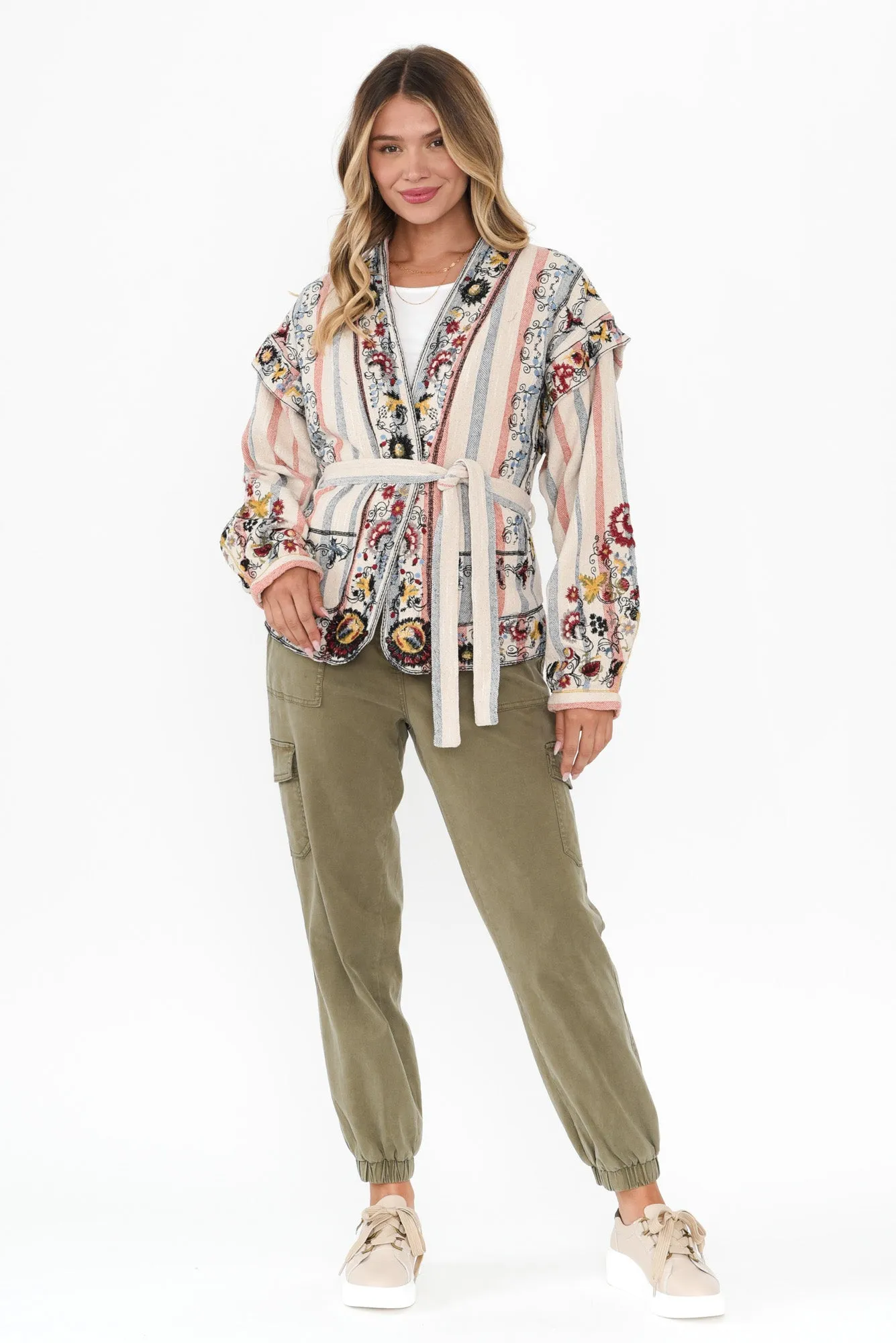 Ruby Red Stripe Cotton Embroidered Jacket sold by Blue Bungalow product image thumbnail 2