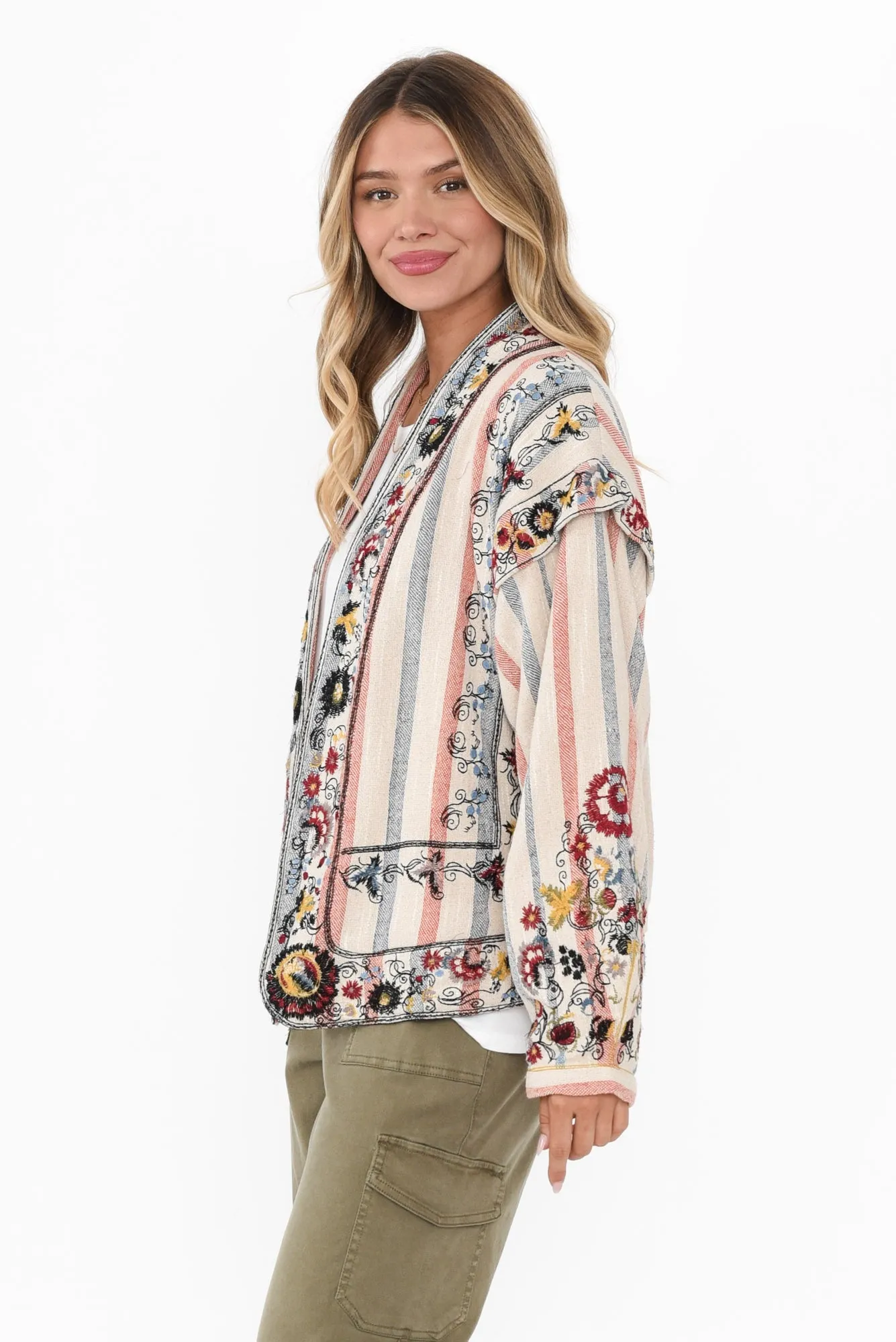 Ruby Red Stripe Cotton Embroidered Jacket sold by Blue Bungalow product image thumbnail 3