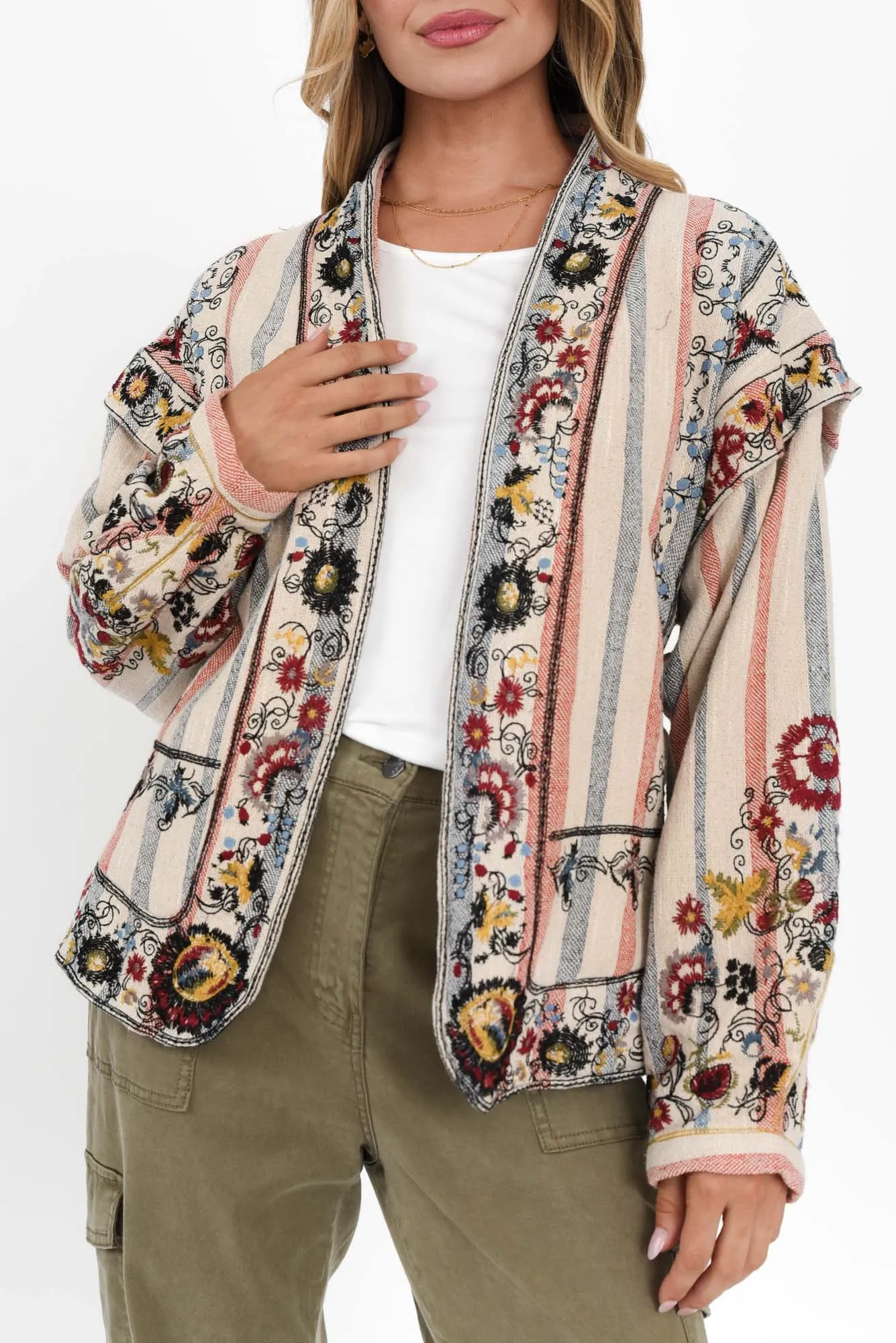 Ruby Red Stripe Cotton Embroidered Jacket sold by Blue Bungalow product image thumbnail 5