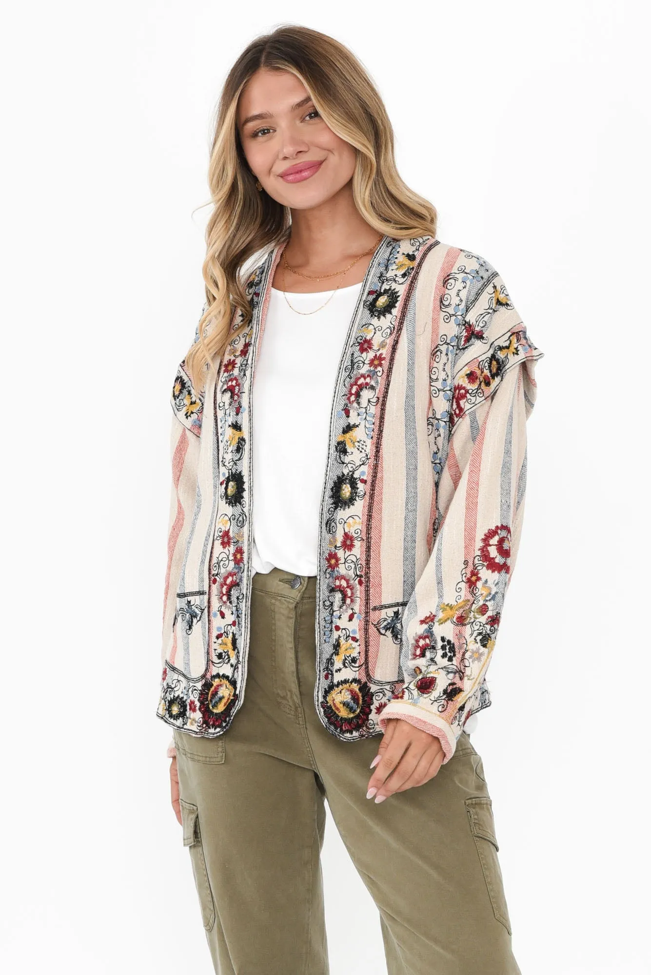 Ruby Red Stripe Cotton Embroidered Jacket sold by Blue Bungalow