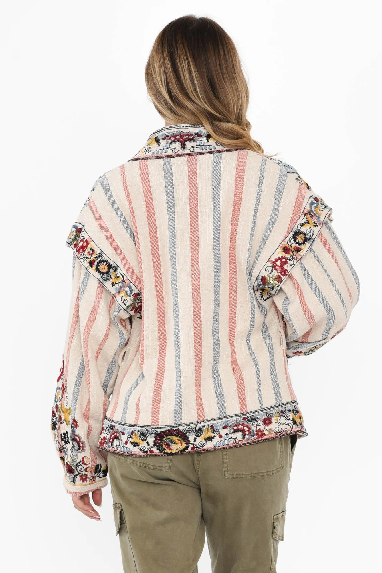 Ruby Red Stripe Cotton Embroidered Jacket sold by Blue Bungalow product image thumbnail 4