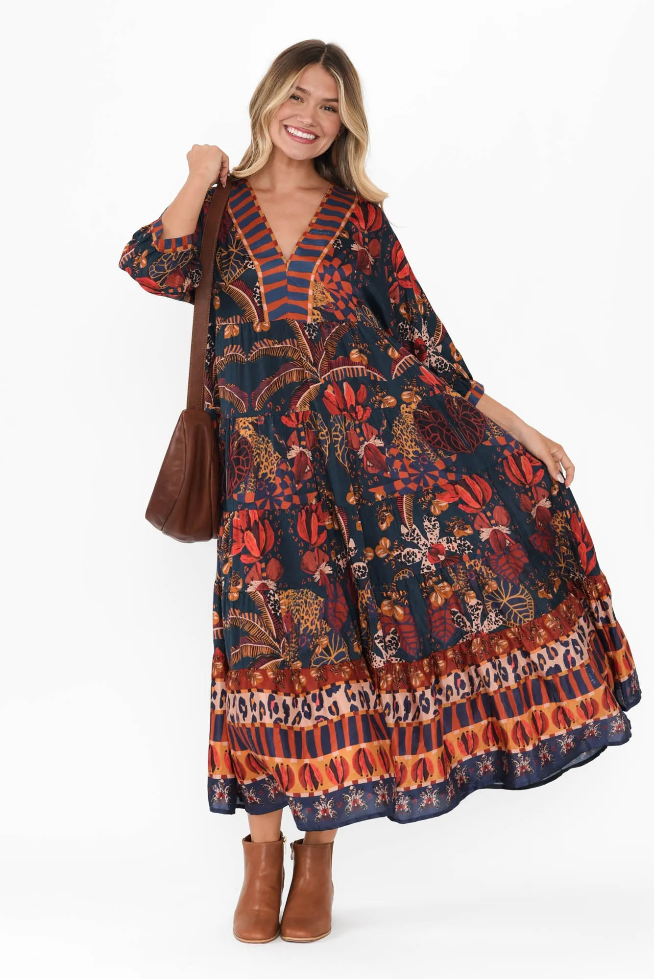 Palma Navy Tropical Tiered Dress sold by Blue Bungalow