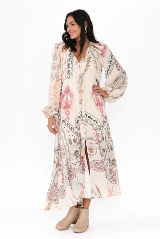 Peggy Cream Abstract Tie Dress sold by Blue Bungalow