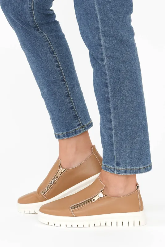 Enjoy Camel Leather Zip Sneaker sold by Blue Bungalow