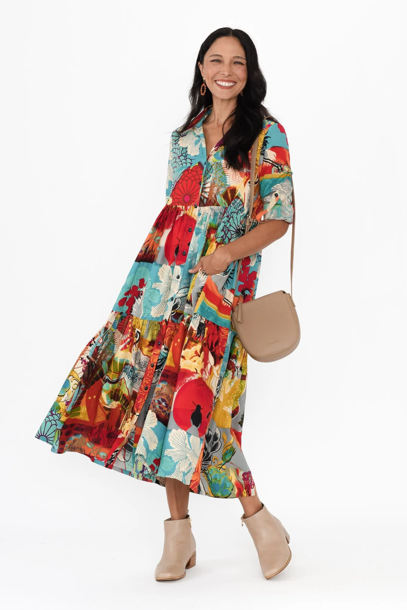 Sayla Blue Abstract Tier Dress sold by Blue Bungalow