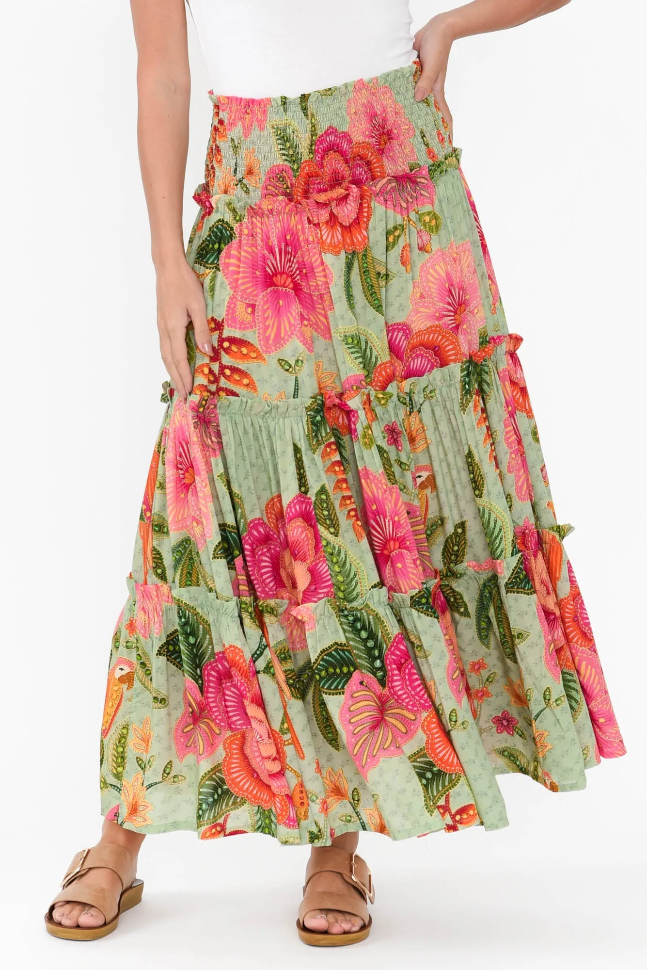 Cruz Green Floral Tiered Skirt sold by Blue Bungalow