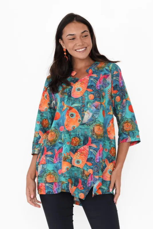 Caro Blue Sea Linen Cotton Top sold by Blue Bungalow