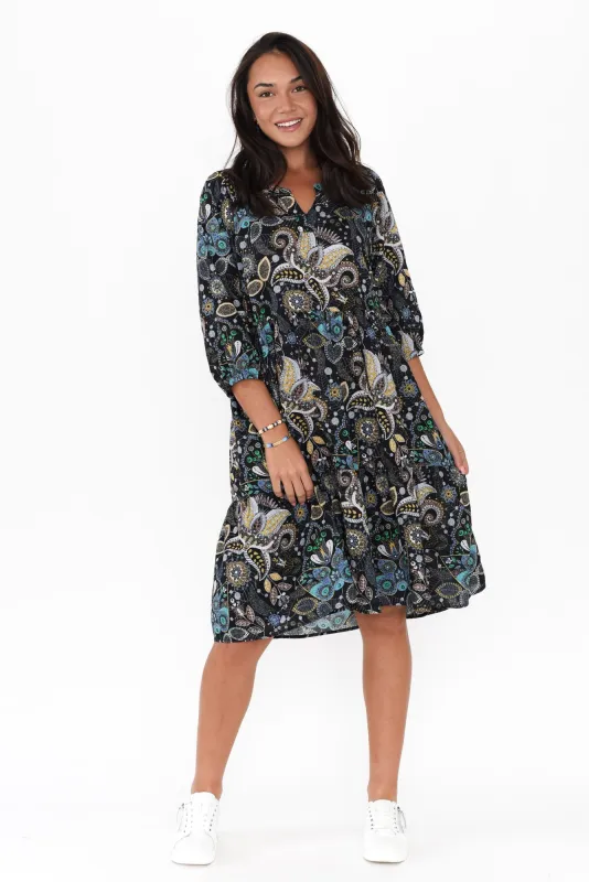 Irene Black Floral Cotton Blend Dress sold by Blue Bungalow