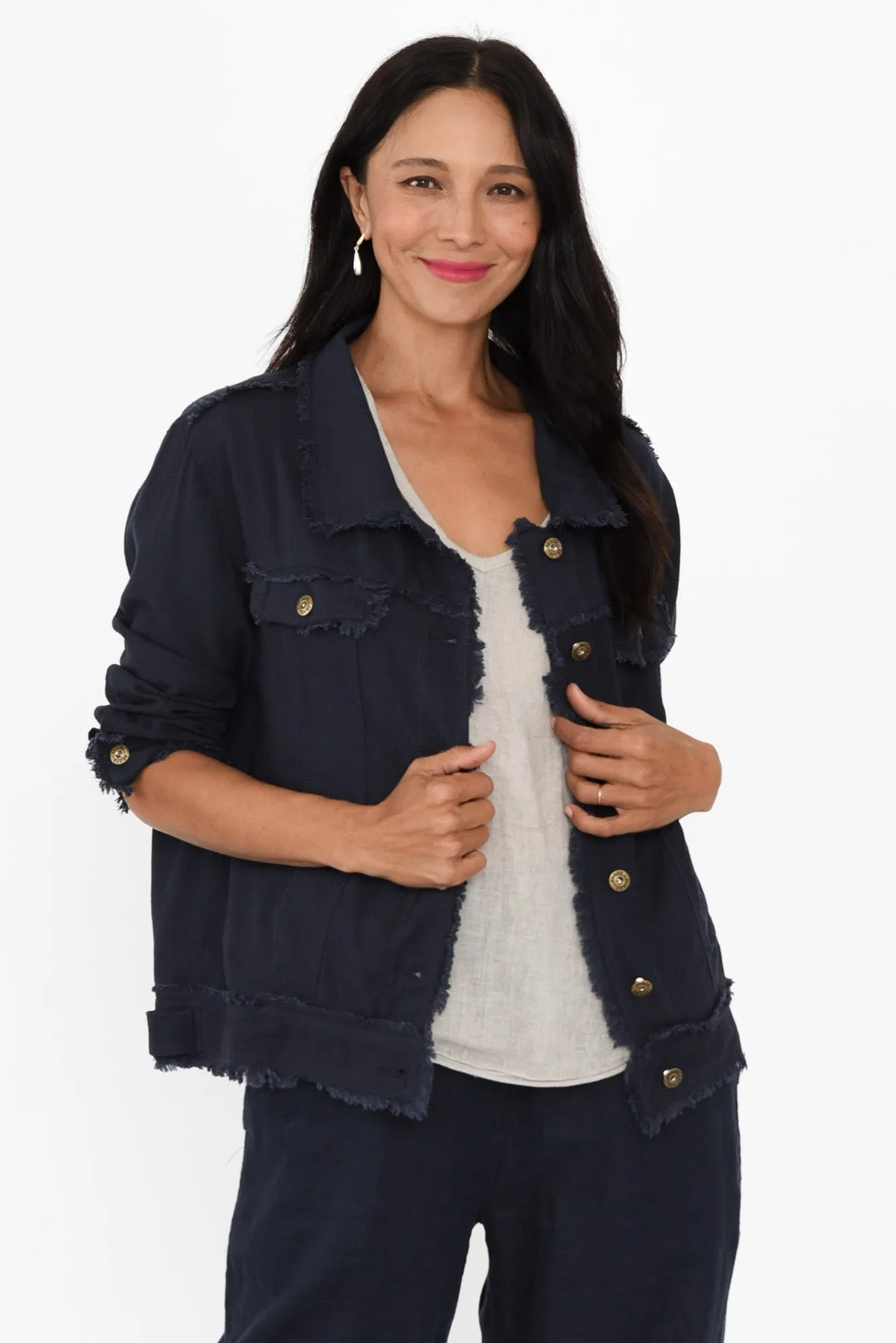 Oakley Navy Linen Frayed Jacket sold by Blue Bungalow