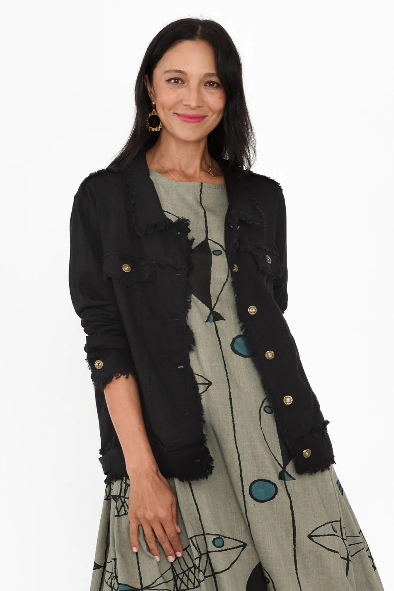 Oakley Black Linen Frayed Jacket sold by Blue Bungalow