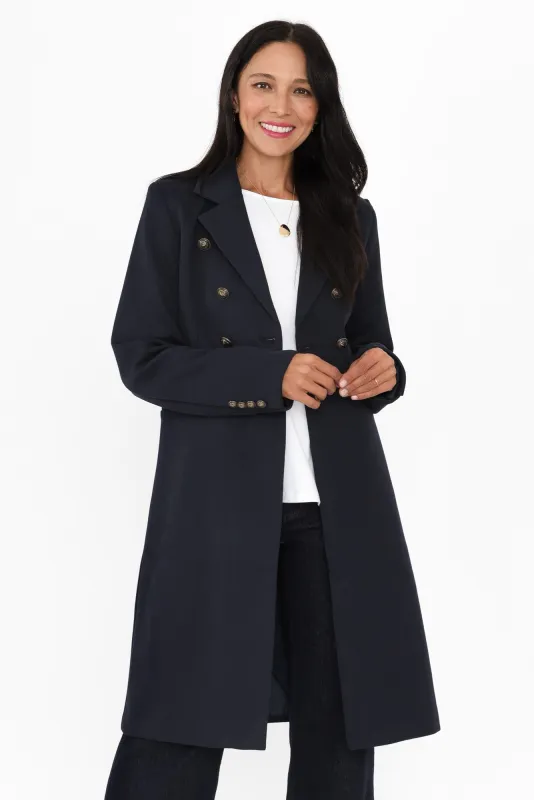 Louise Navy Collared Button Coat sold by Blue Bungalow