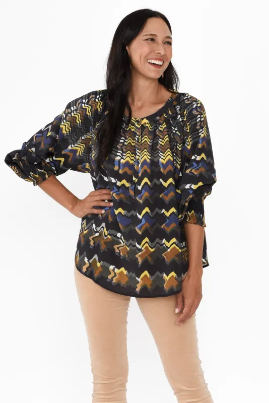 Kolide Navy Abstract Gathered Blouse sold by Blue Bungalow