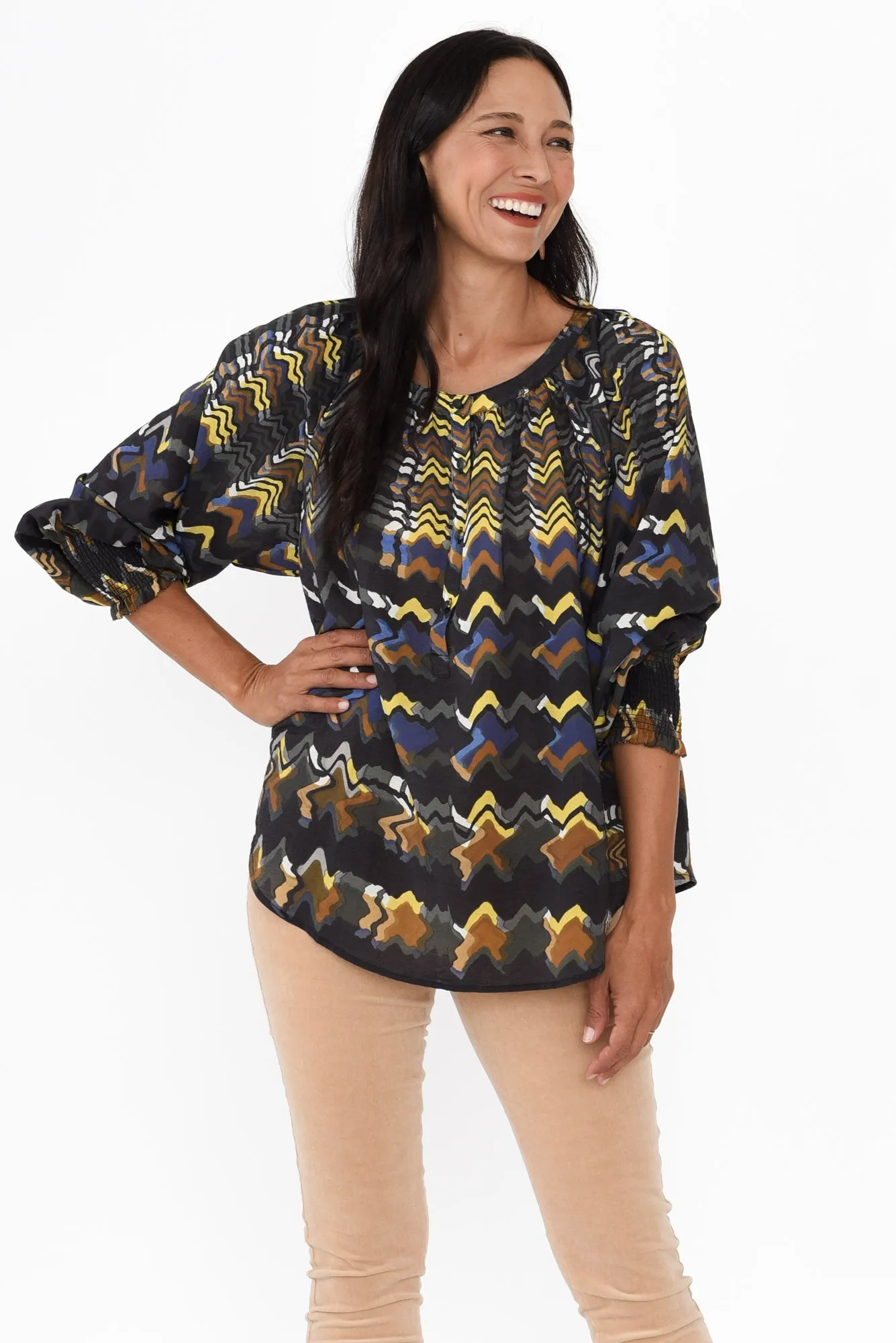 Kolide Navy Abstract Gathered Blouse sold by Blue Bungalow