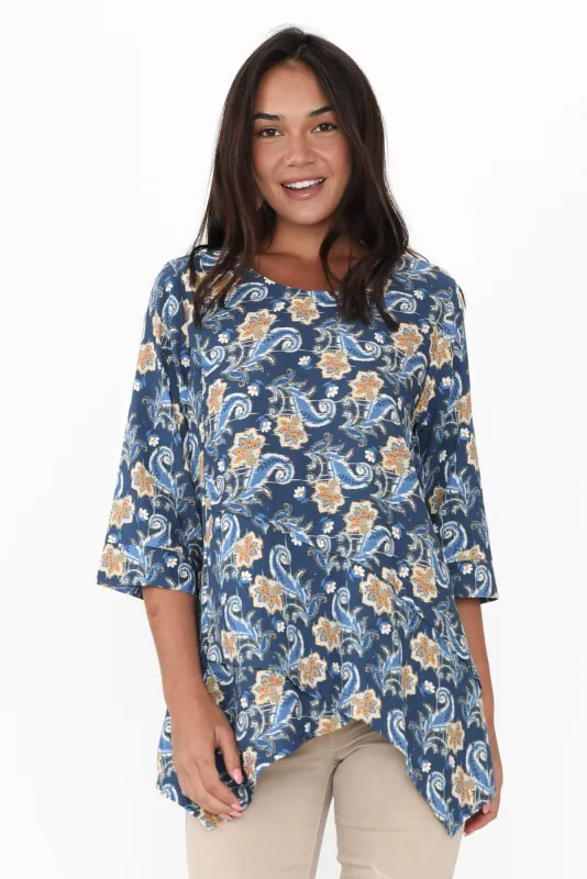 Anya Blue Botanical Linen Cotton Top sold by Blue Bungalow