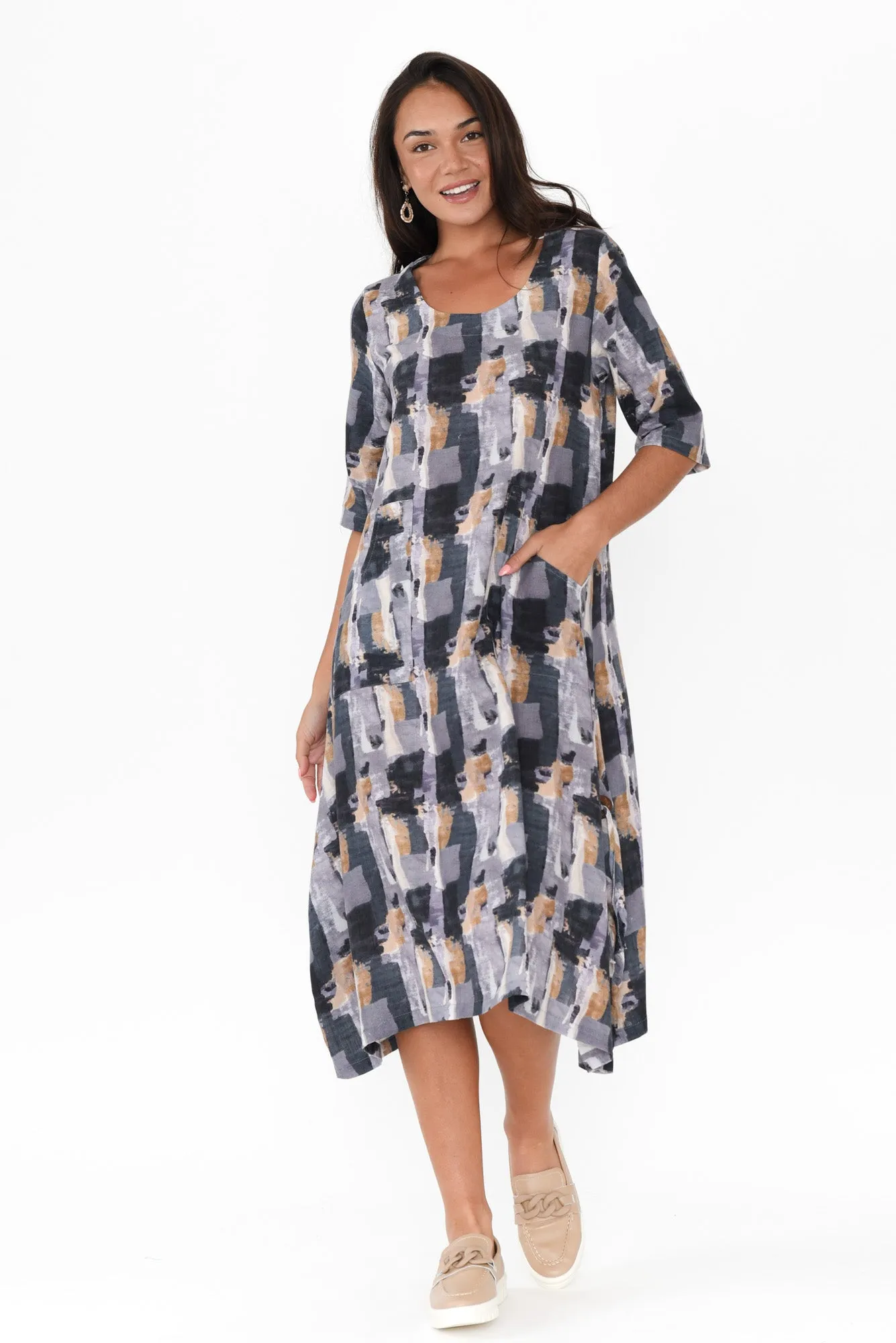 Hailee Blue Abstract Linen Cotton Dress sold by Blue Bungalow