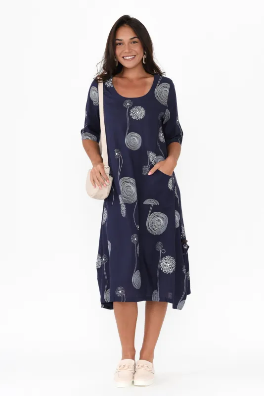 Hailee Navy Swirl Linen Cotton Dress sold by Blue Bungalow
