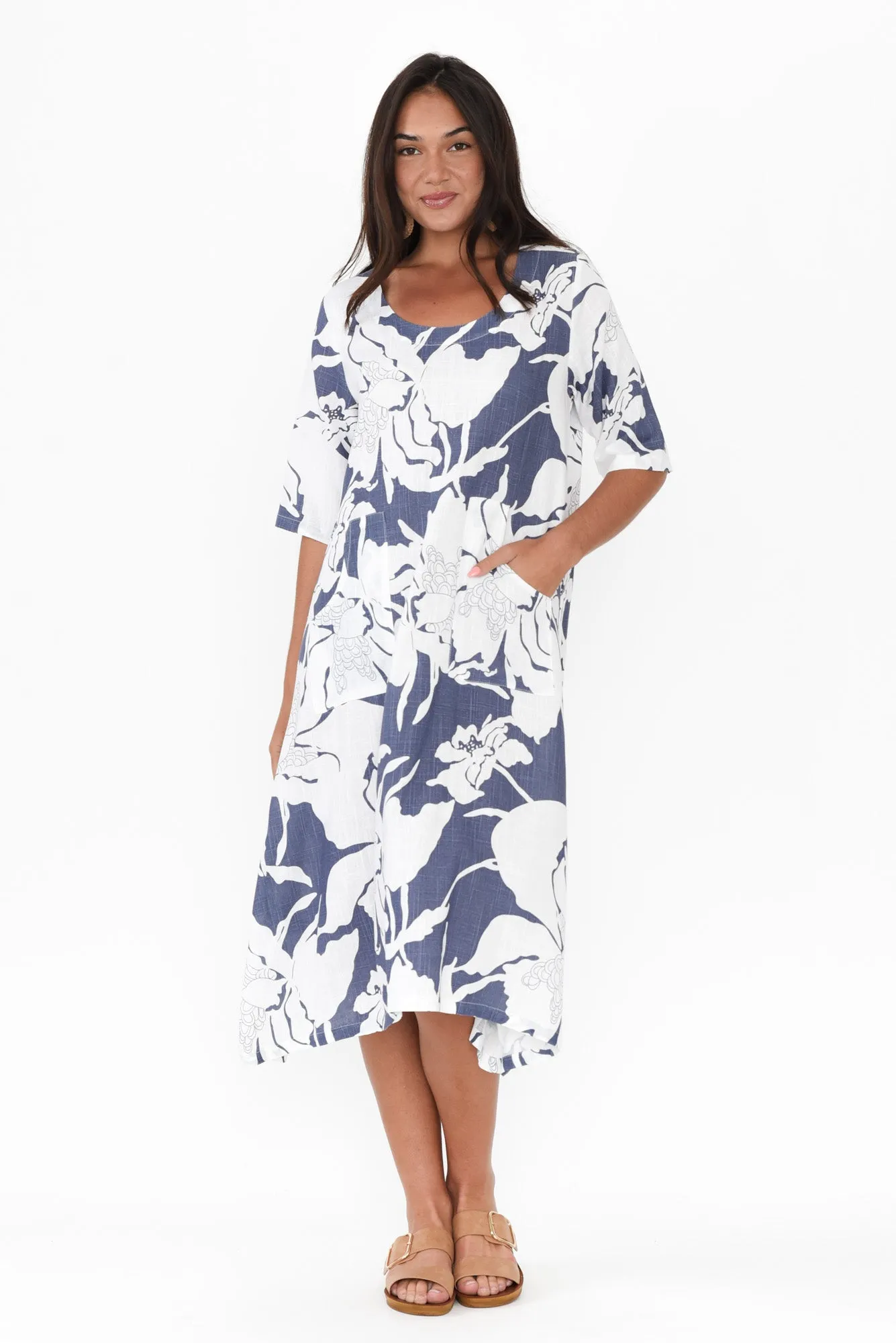 Hailee Blue Floral Linen Cotton Dress sold by Blue Bungalow product image thumbnail 2