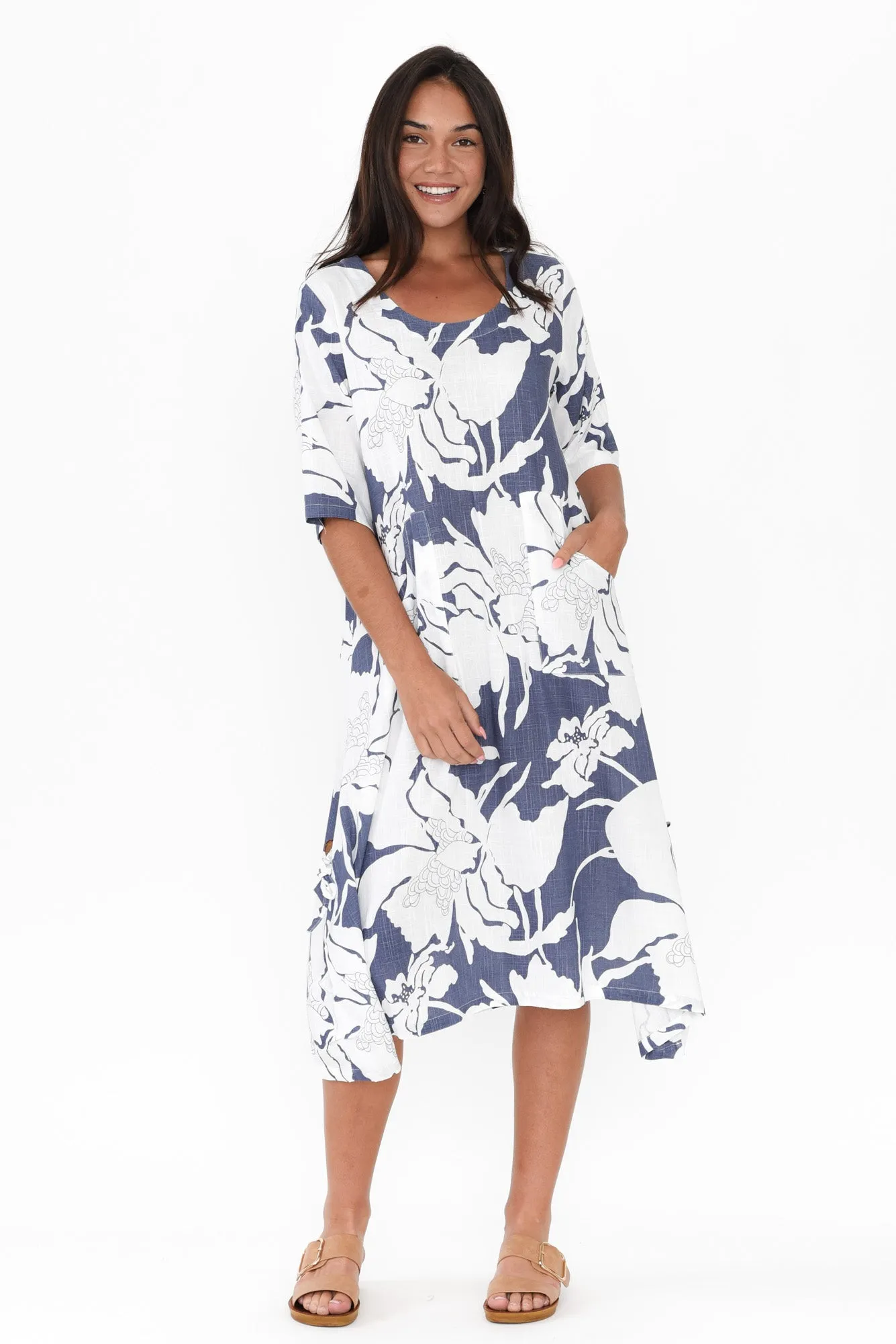 Hailee Blue Floral Linen Cotton Dress sold by Blue Bungalow