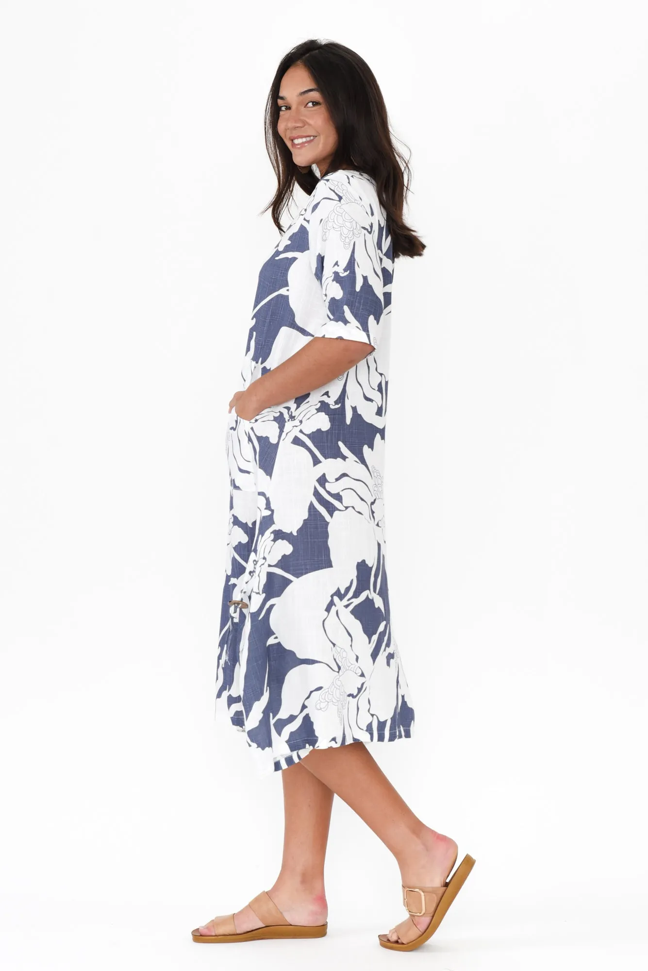 Hailee Blue Floral Linen Cotton Dress sold by Blue Bungalow product image thumbnail 3