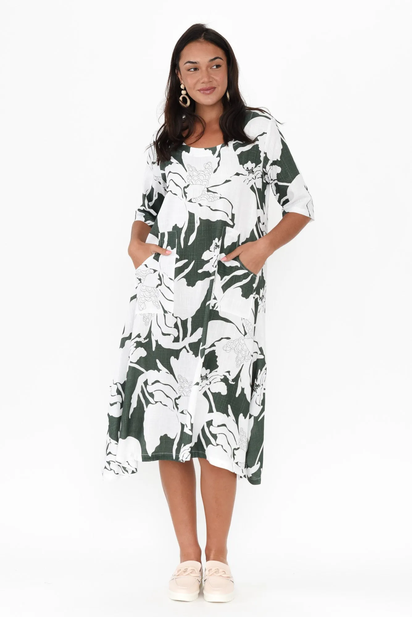 Hailee Green Floral Linen Cotton Dress sold by Blue Bungalow