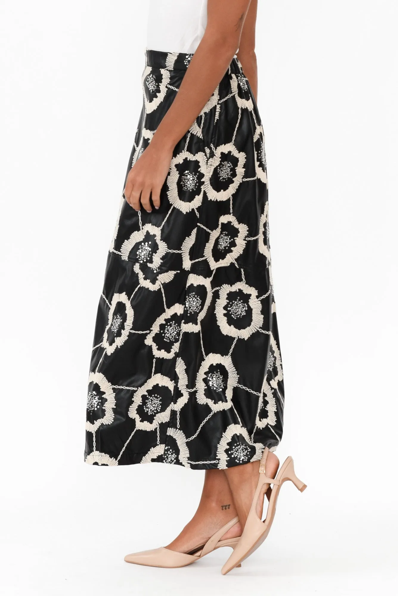 Floren Black Faux Leather Embroidered Skirt sold by Blue Bungalow product image thumbnail 3