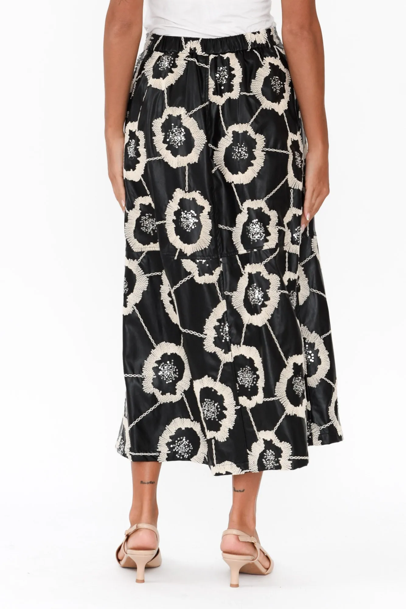Floren Black Faux Leather Embroidered Skirt sold by Blue Bungalow product image thumbnail 4
