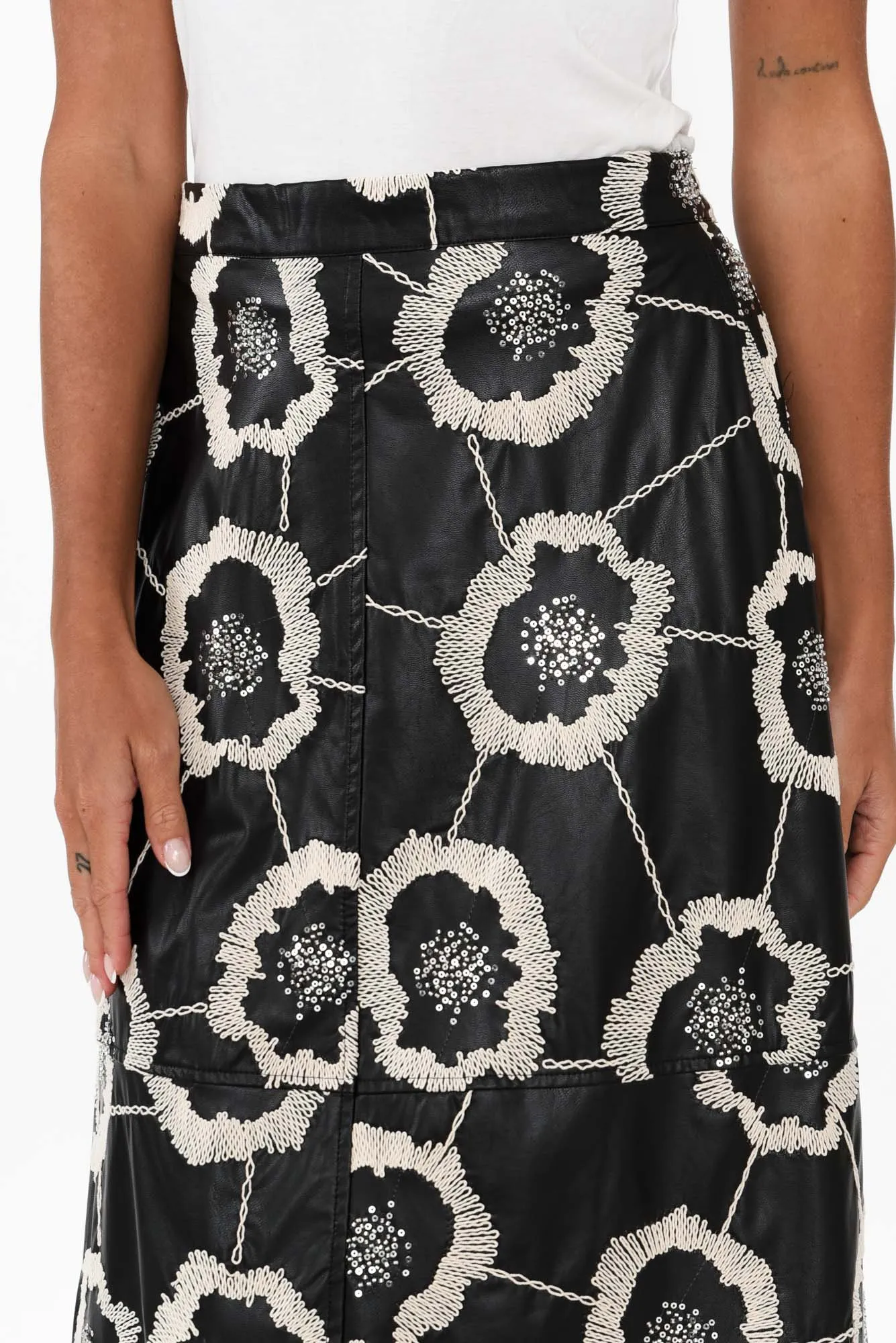 Floren Black Faux Leather Embroidered Skirt sold by Blue Bungalow product image thumbnail 5