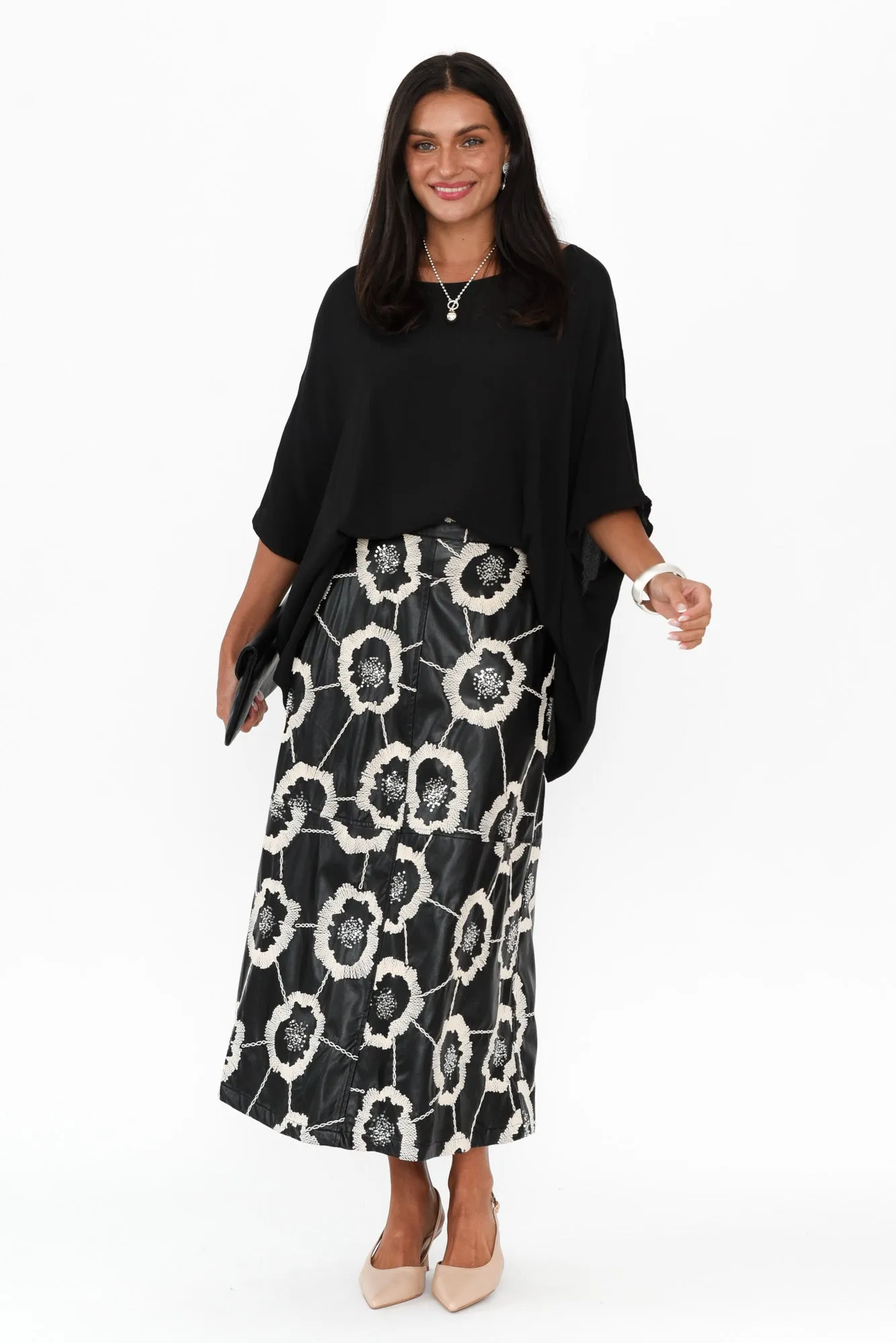 Floren Black Faux Leather Embroidered Skirt sold by Blue Bungalow product image thumbnail 2
