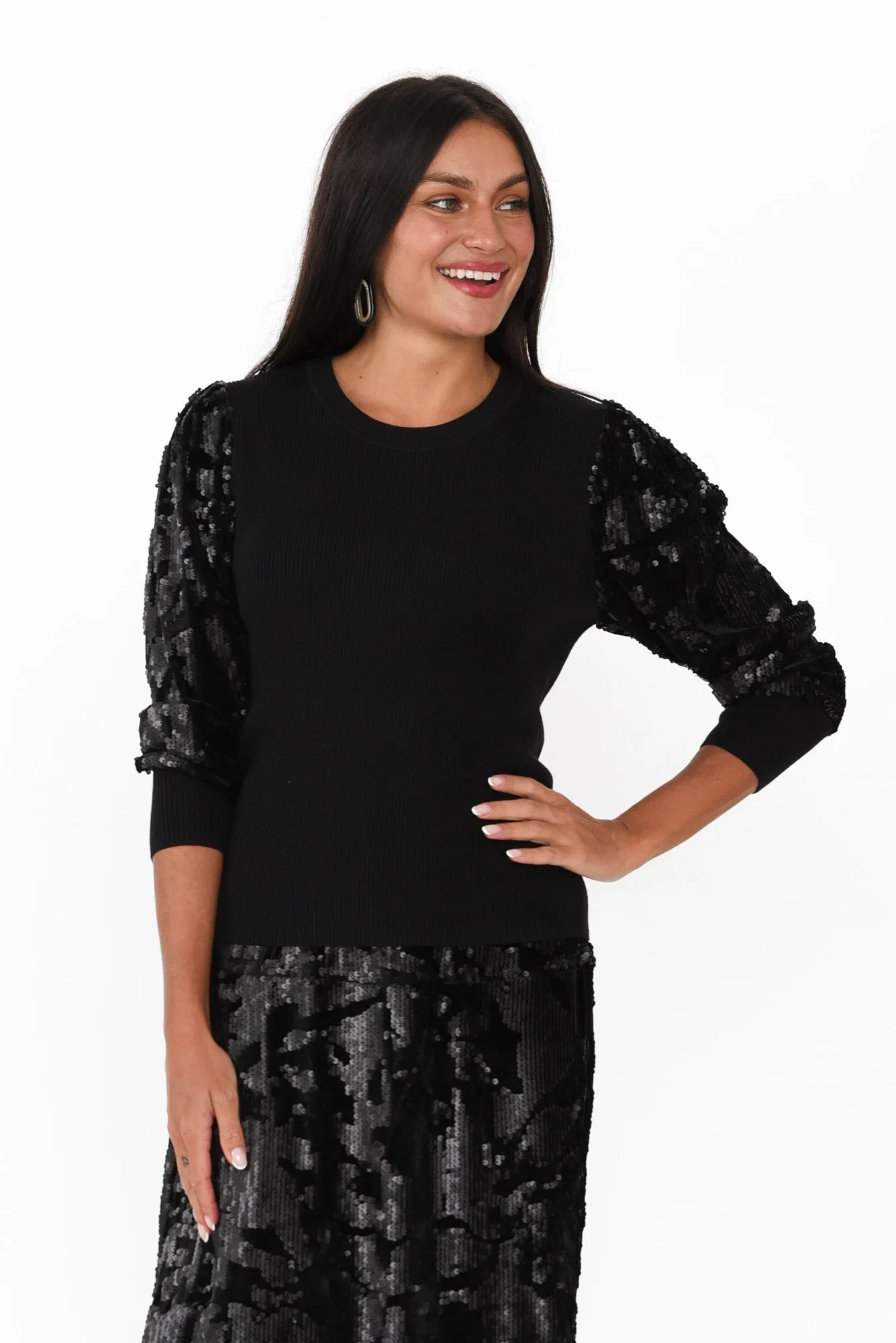 Elena Black Sequin Knit Top sold by Blue Bungalow