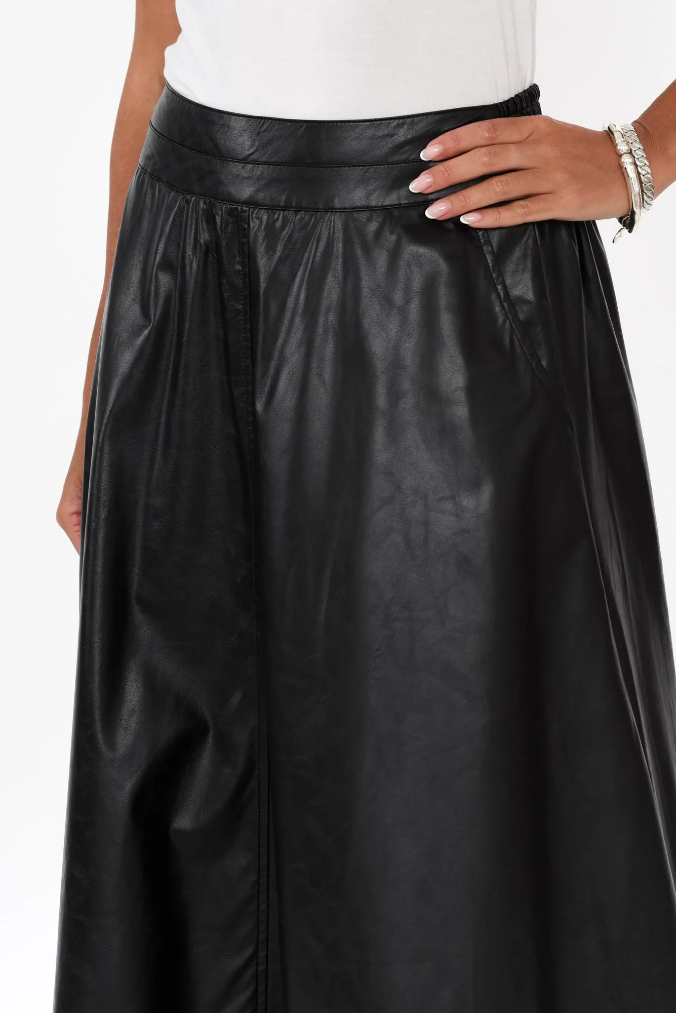 Donica Black Faux Leather Midi Skirt sold by Blue Bungalow product image thumbnail 5