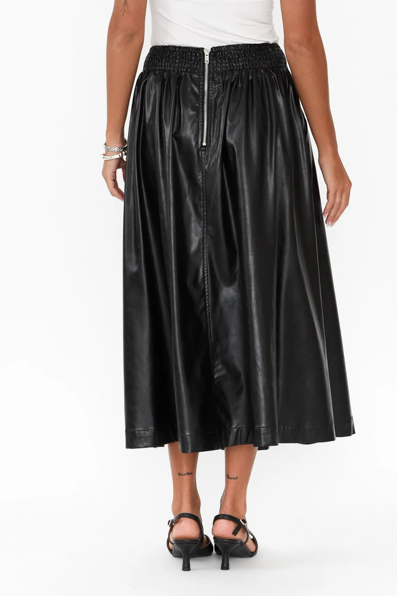 Donica Black Faux Leather Midi Skirt sold by Blue Bungalow product image thumbnail 4
