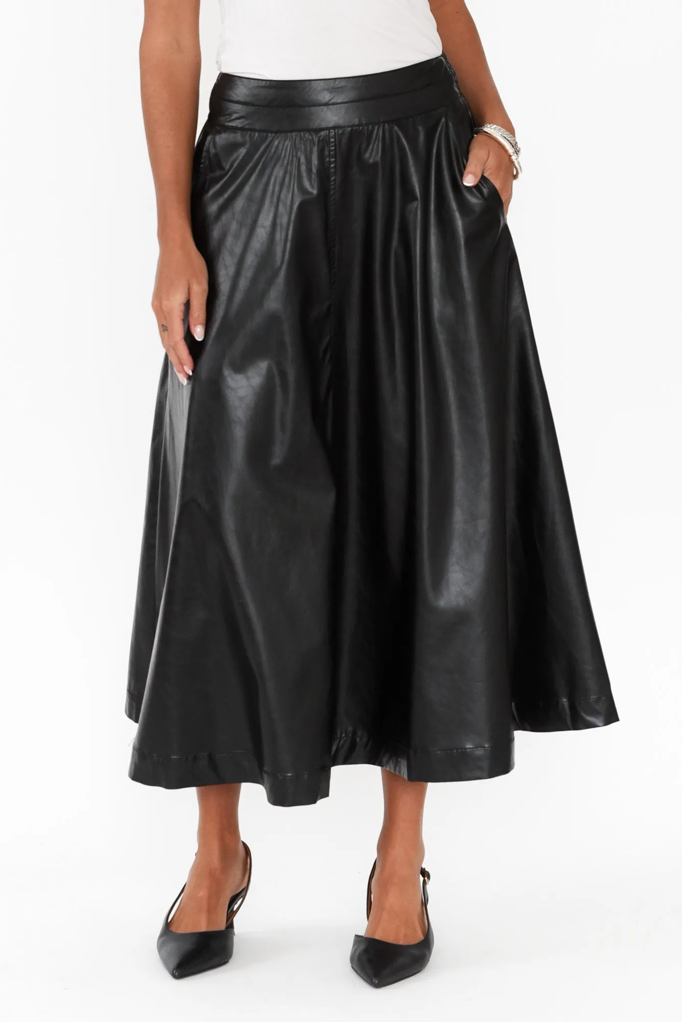 Donica Black Faux Leather Midi Skirt sold by Blue Bungalow