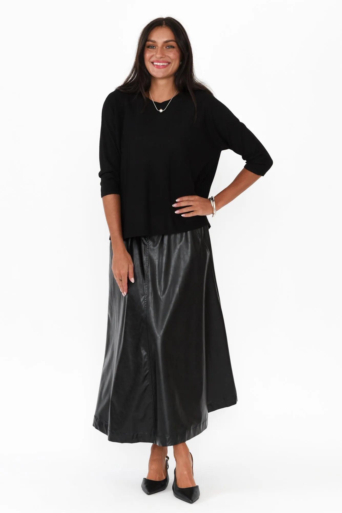 Donica Black Faux Leather Midi Skirt sold by Blue Bungalow product image thumbnail 2