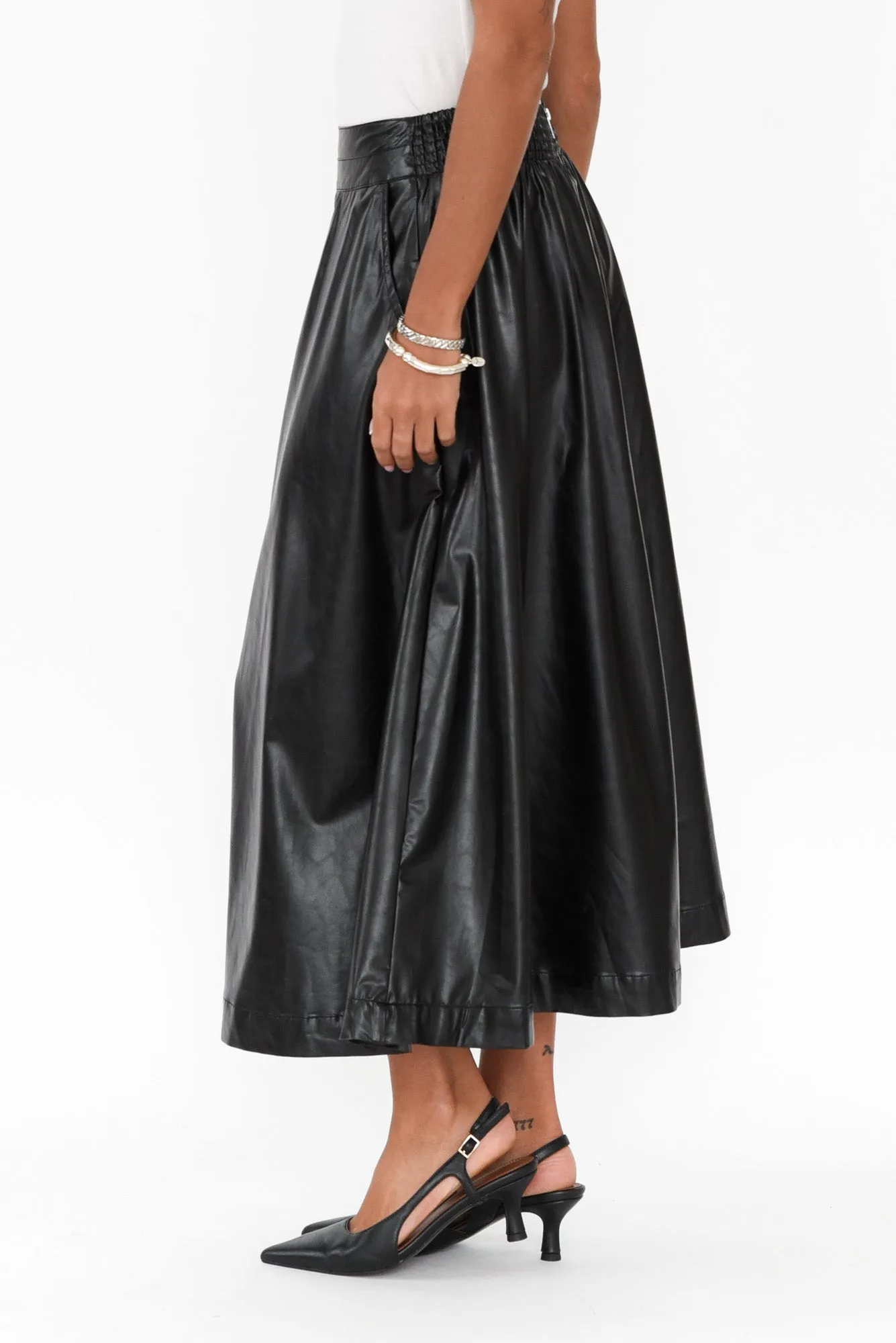 Donica Black Faux Leather Midi Skirt sold by Blue Bungalow product image thumbnail 3