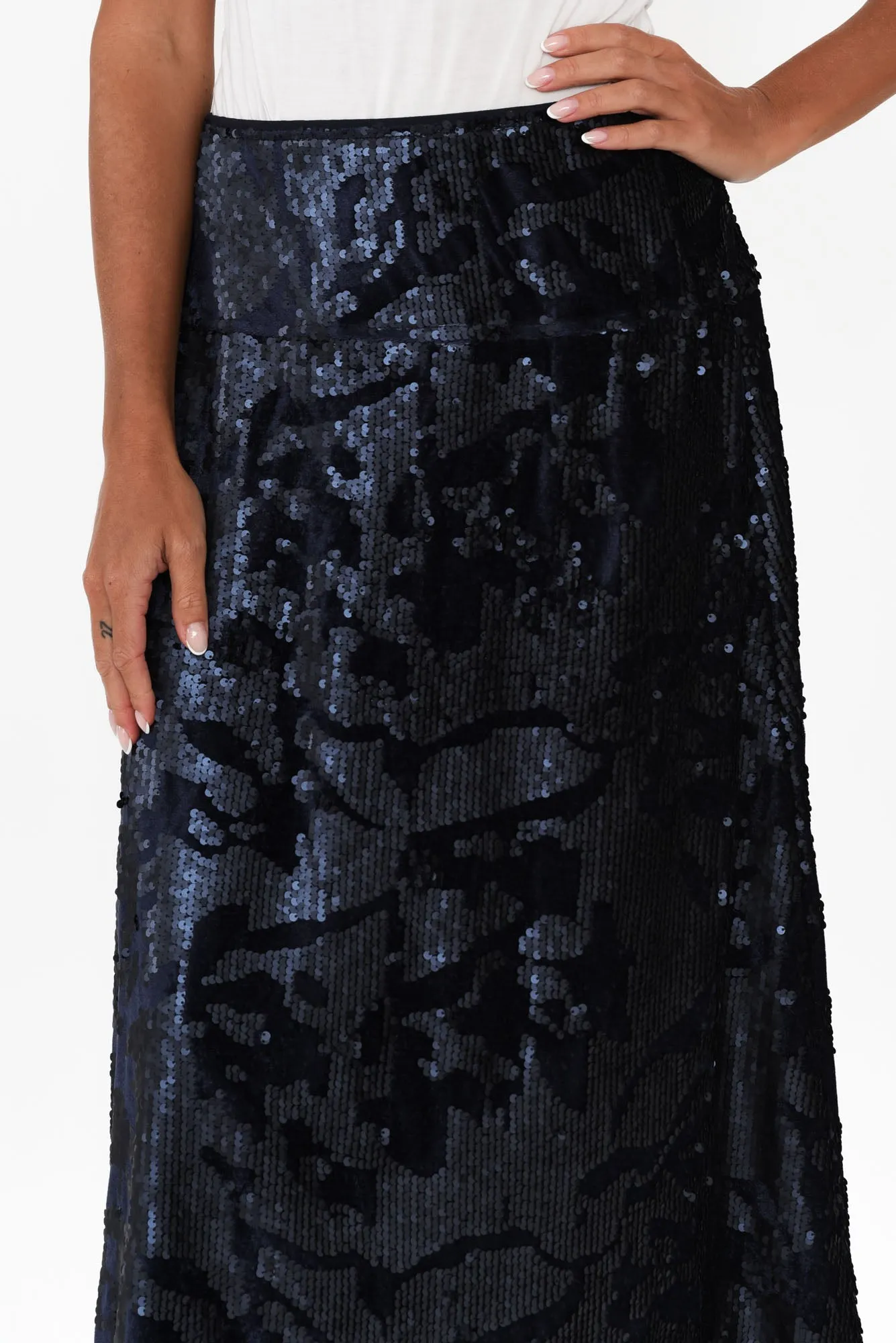 Corinne Navy Sequin Midi Skirt sold by Blue Bungalow product image thumbnail 5