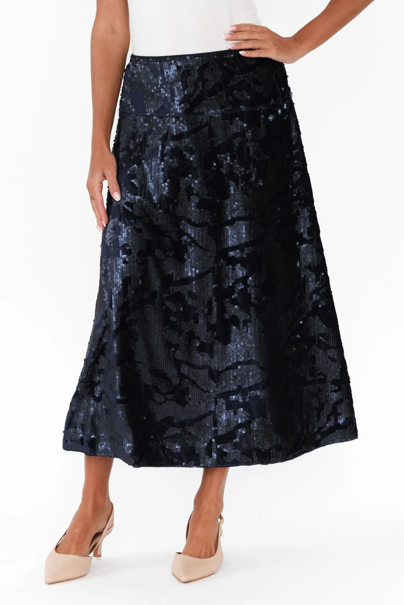 Corinne Navy Sequin Midi Skirt sold by Blue Bungalow