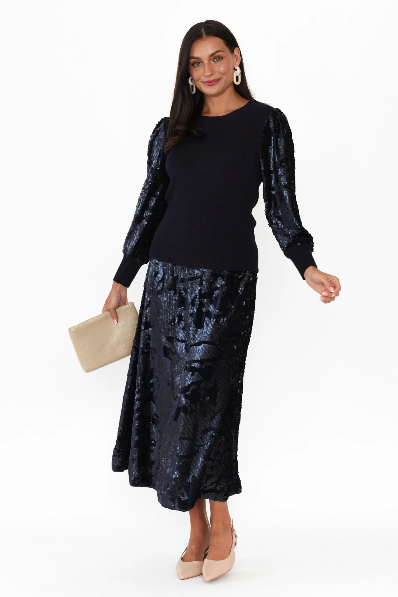 Corinne Navy Sequin Midi Skirt sold by Blue Bungalow product image thumbnail 2