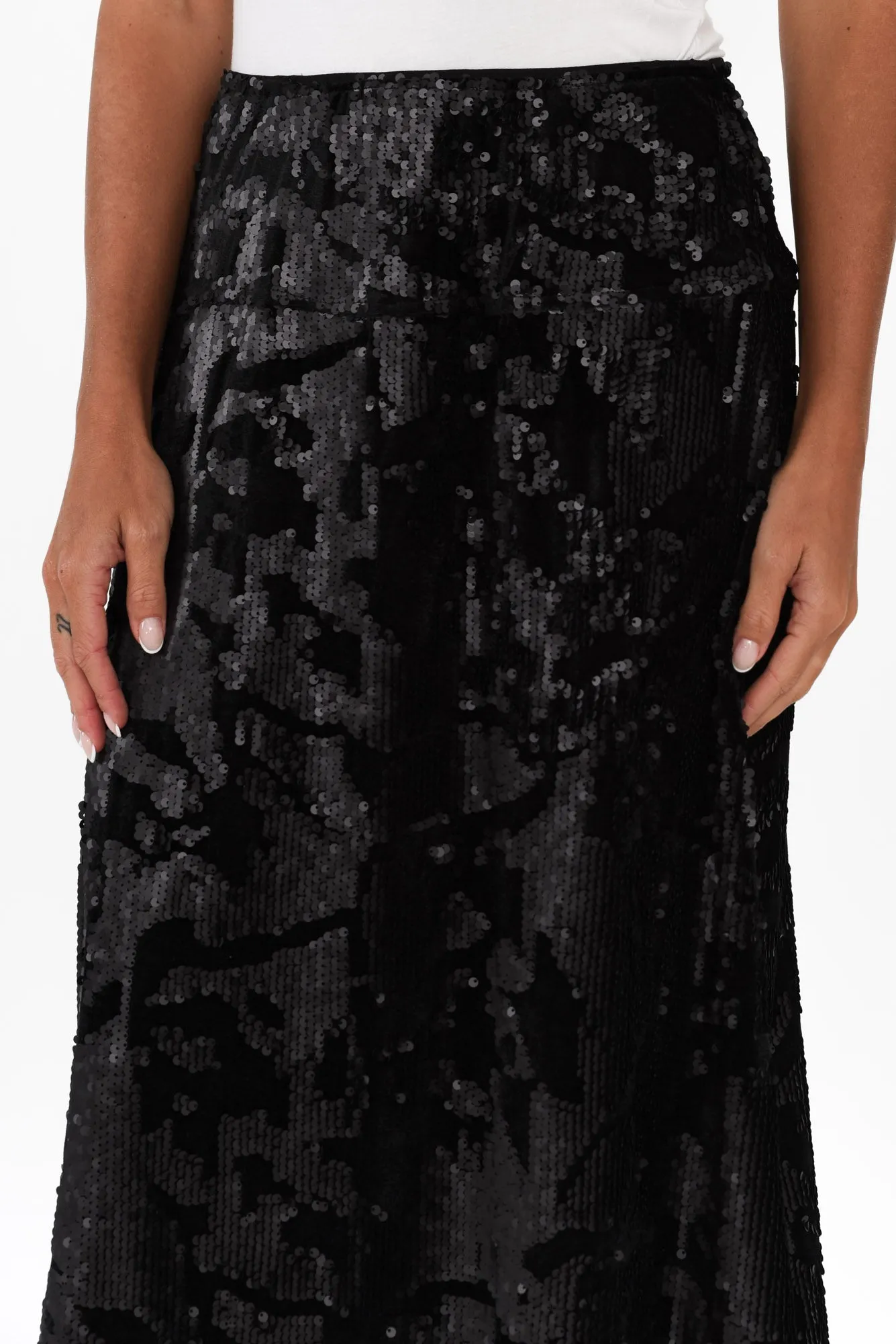Corinne Black Sequin Midi Skirt sold by Blue Bungalow product image thumbnail 5